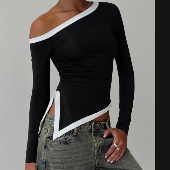 Princess Polly Tops - Princess Polly Black and White Asymmetrical Blouse